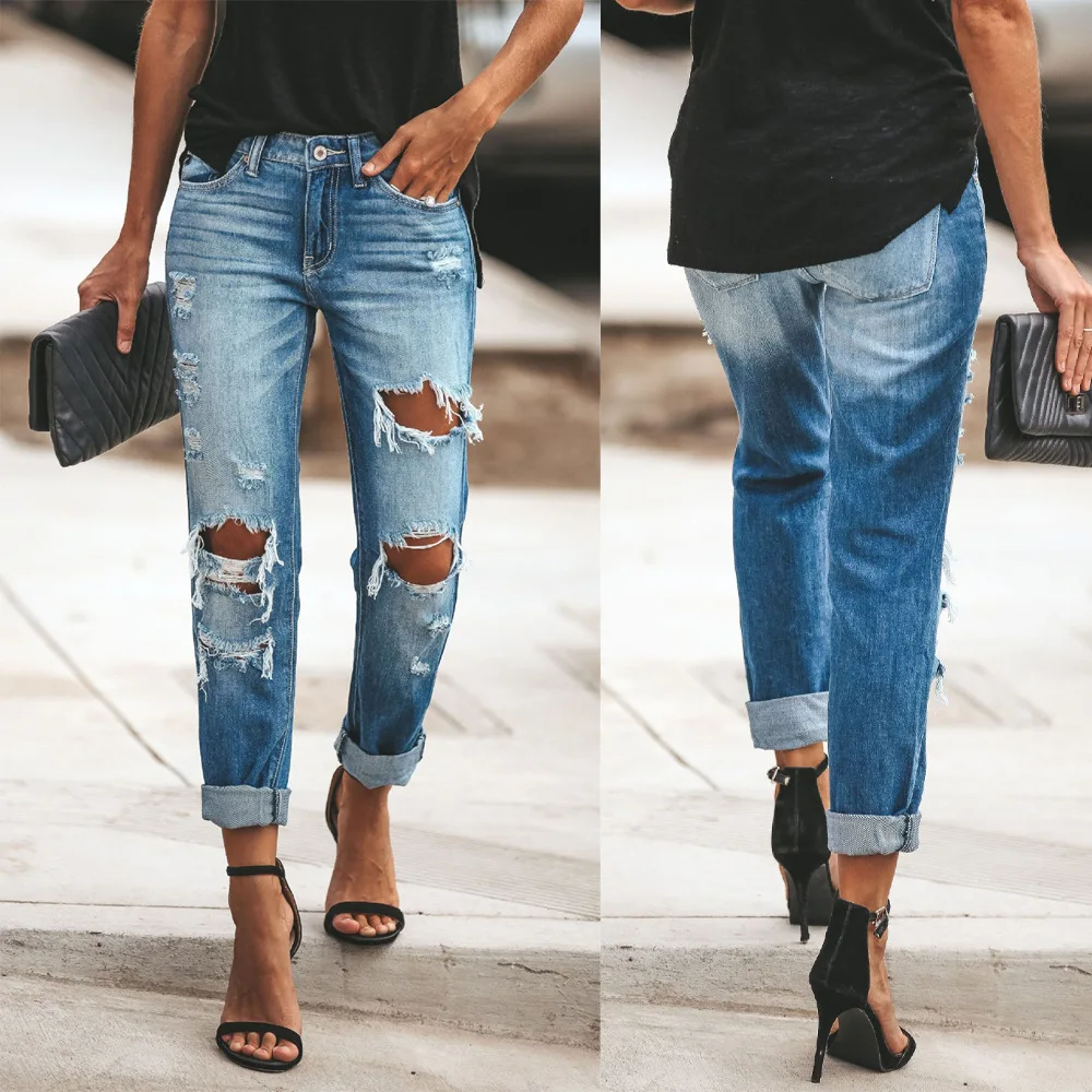 

2022 Summer New European and American Leisure Wash WISH Broken Straight Tube Street Style Jeans Woman
