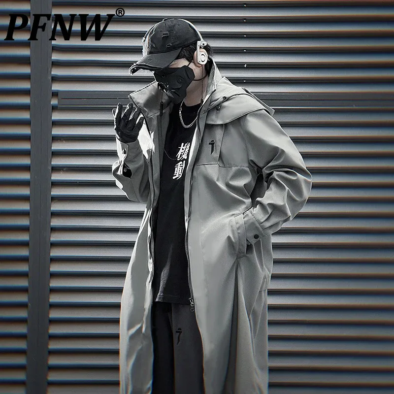 PFNW Functional Style Double Zipper Black Grey Windbreaker Men Heavy Industry Autumn Loose Casual Hooded Trench