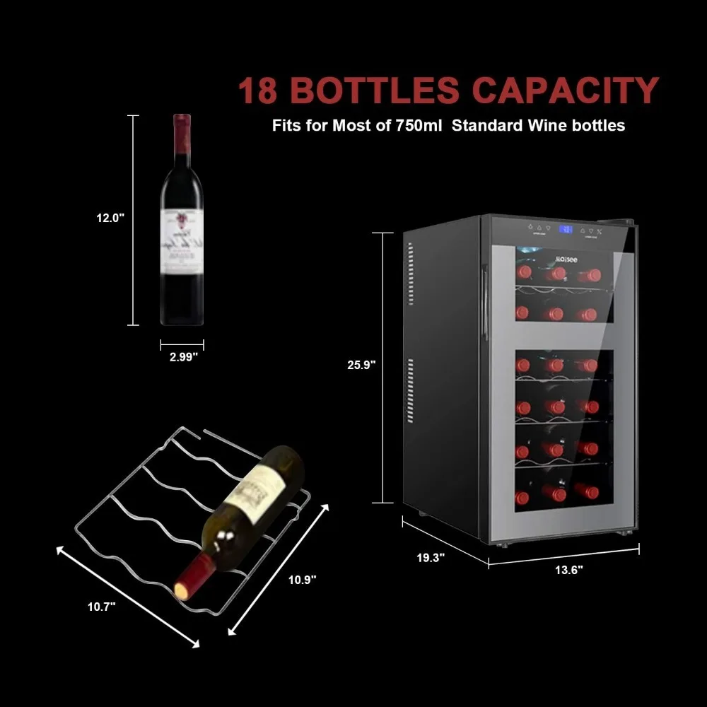 Wine Fridge Dual Zone,18 Bottles Wine Cooler Refrigerator Chiller Upper Zone 46f-54f Lower Zone 54f-65f