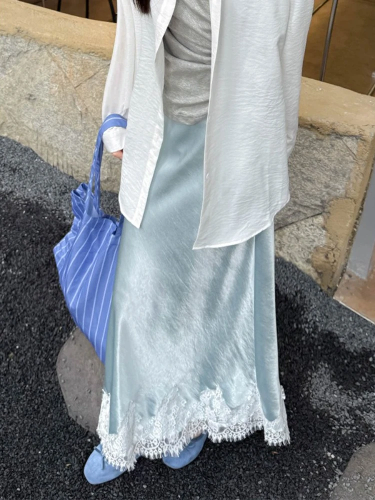 Satin Lace Patchwork Midi Skirt 2025 Women A-line Elegant Smooth Skirt Women Clothing 4