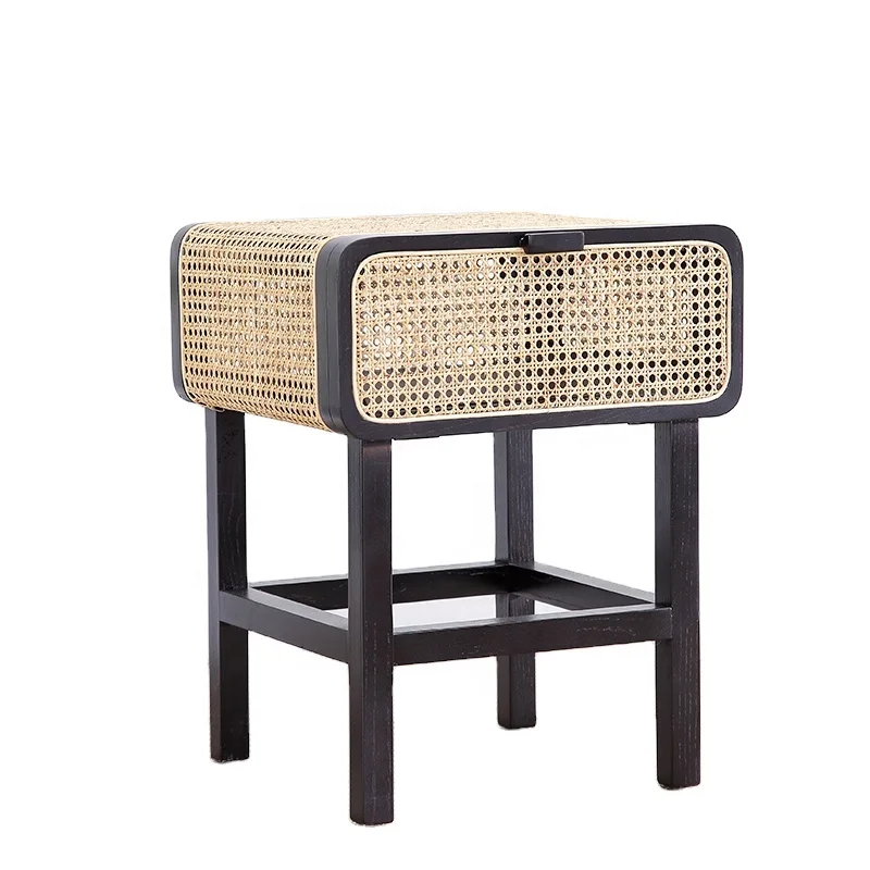 

Unique Bedroom Furniture Wood Bed stand Night Table Natural Rattan Bedside Cabinet