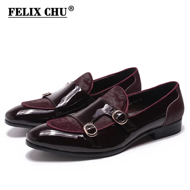 FELIX CHU Mens Wedding Loafers Gentlemen Party Dress Shoes Patent Leather with Horse Hair Casual Monk Strap Formal Shoes for Men 1