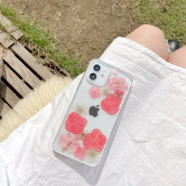 Glitter Real Dry Pressed Flower Phone Case For iphone 12 11 13 pro XS MAX x SE XR 7 8 plus Transparent Silicone Cover