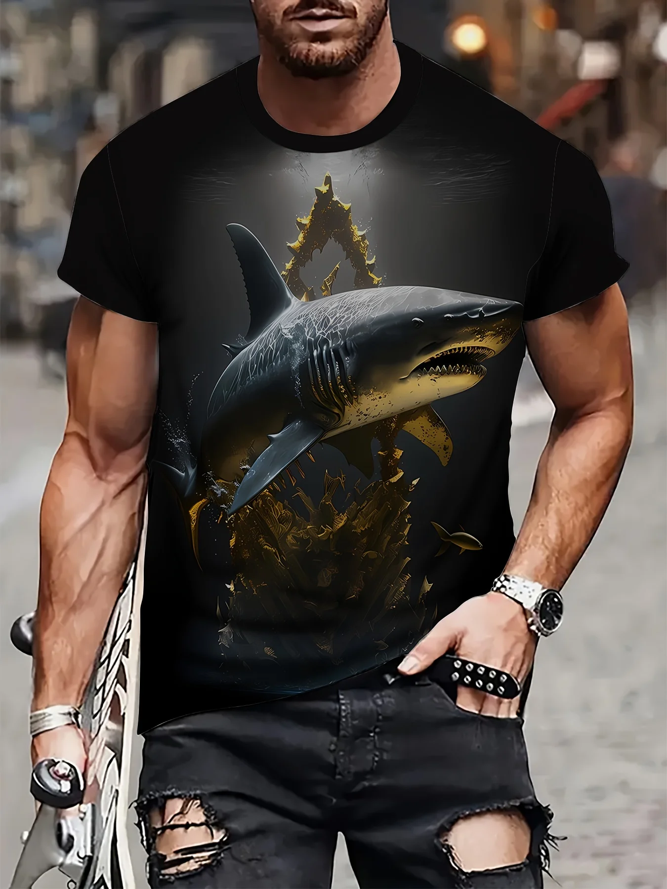 thumbnail image 1 of Camiseta con estampado gráfico de tiburón para hombre de talla grande para verano, ropa para hombre, tela de poliéster suave y ligeramente elástica, camisetas casuales y cómodas, 1 of 5