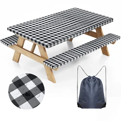 Waterproof Windproof Elastic Edge Picnic Table and Bench Cover Set (Black)