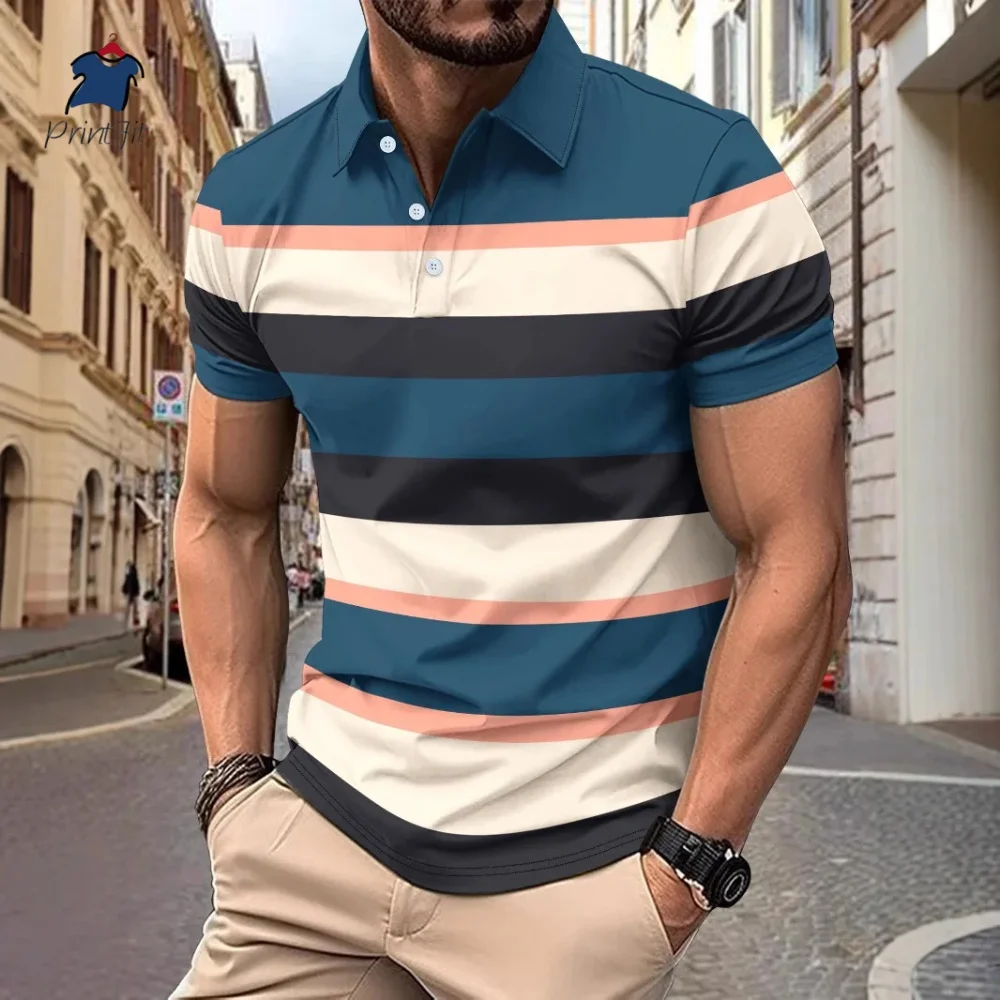 2025 New Summer Men's POLO Shirt 3D Stripe Printed Short sleeved Polo Shirt Flip Collar European and American Casual T-shirt 10 Sb5dd0585a7b24922946f6b995a26a4dfN