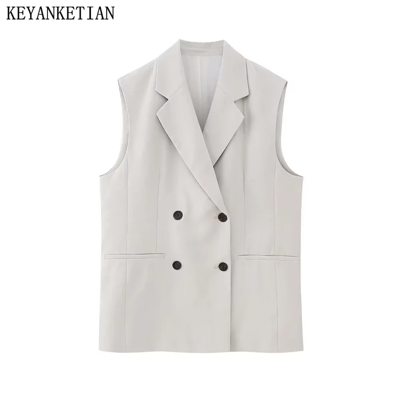 

KEYANKETIAN Autumn New Women's Double Reasted Loose Suit Collar Waistcoat Casual Light Grey Back Slit Sleeveless Vest TOPS