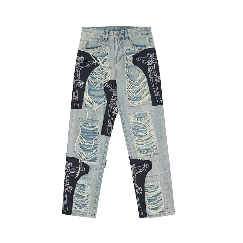 Ripped Jeans Baggy Men Print Harajuku Pants Slim Trendyol Men's Fashion Hip Hop Trousers Y2k Man Grunge Streetwear Stacked