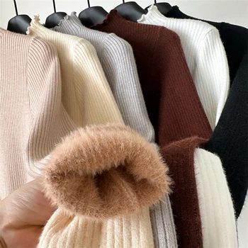 السيدات طويلة الأكمام الصوف مبطن سميكة الدافئة لاعبا 2025 المرأة الشتاء الياقة المدورة سترة الإناث الصلبة Ruched بلوفر مغزول 5