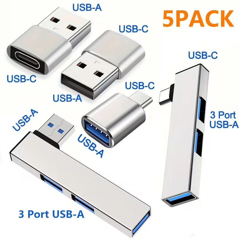 5개의 다용도 USB 어댑터 세트, USB C를 USB A로 변환, 빠른 충전 및 OTG 기능을 위한 USB 3.0 허브 포함