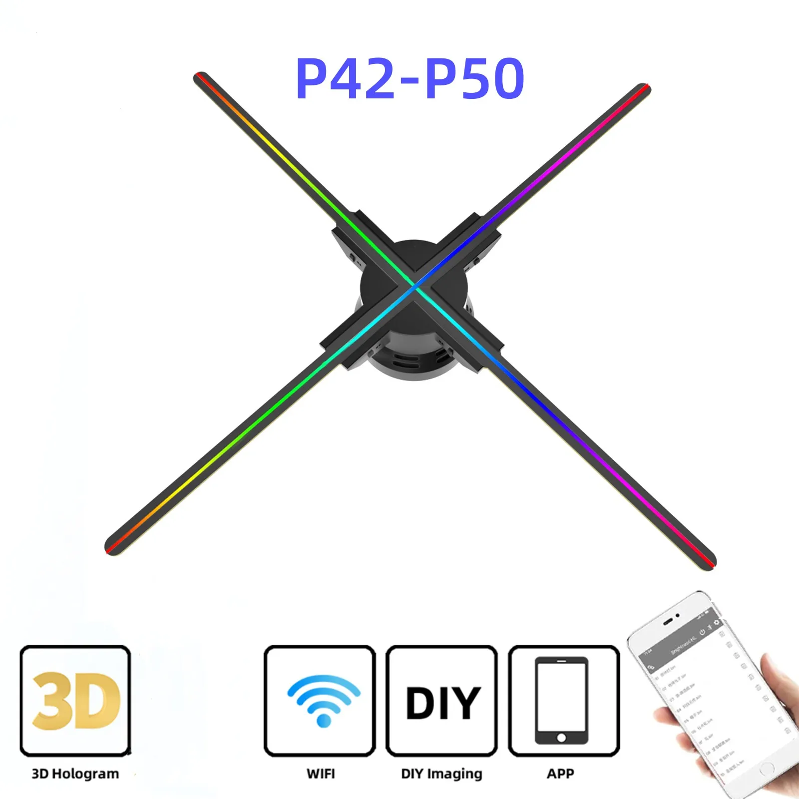 

P42-P62 Newest 3D Holographic Projector Fan Support Wifi Bluetooth Audio 3D Advertising Display Lights Hologram Projector Logo