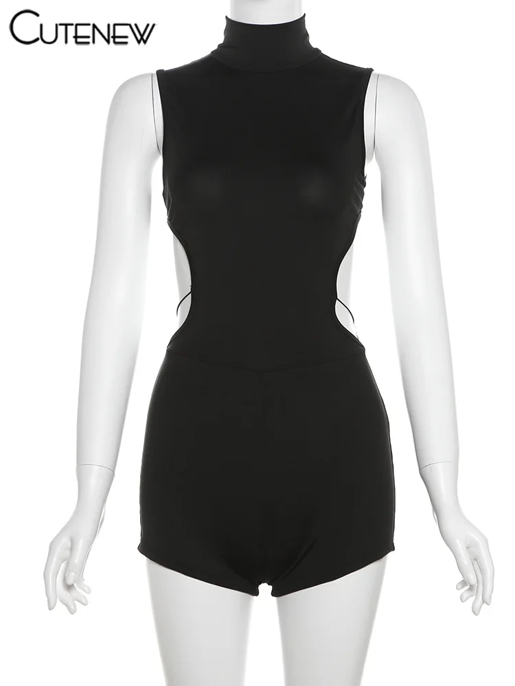 Monos sexys con espalda hueca para mujer, monos sólidos impresionantes sin mangas con cuello alto que moldean el cuerpo, ropa de calle elegante Y2K para mujer