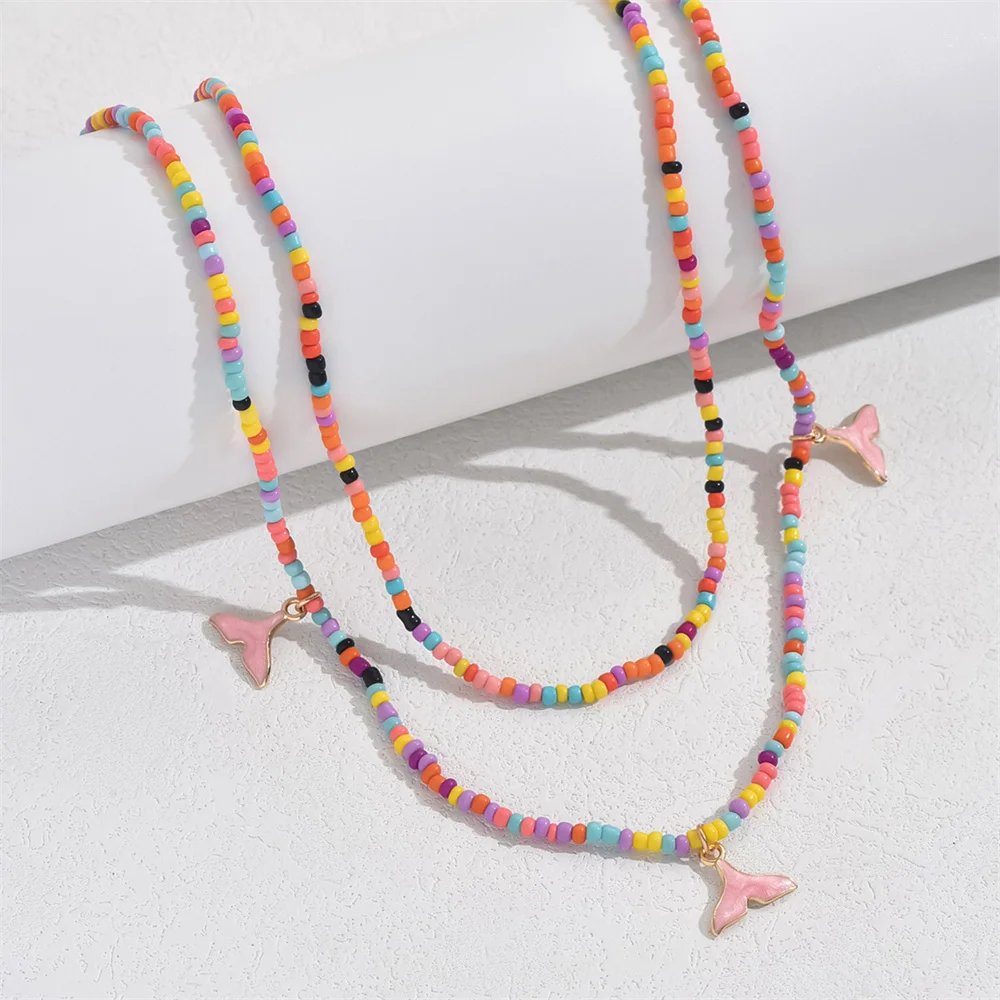 Cute Pink Whale Tail Pendant Anklets For Women Rainbow Beads Foot Chain Fishtail Ankle Bracelet Beach Jewelry Summer Accessories