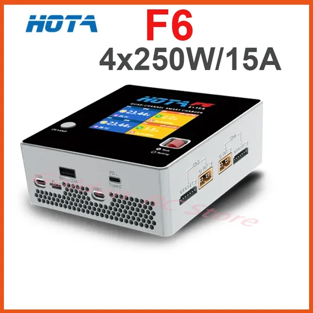 HOTA F6 Smart Balance Charger 4x250W/15A with Type-C 2 in 1 XT60 PLUG Lipo LiIon NiMH Battery for iPhone iMac Samsung Charging 1