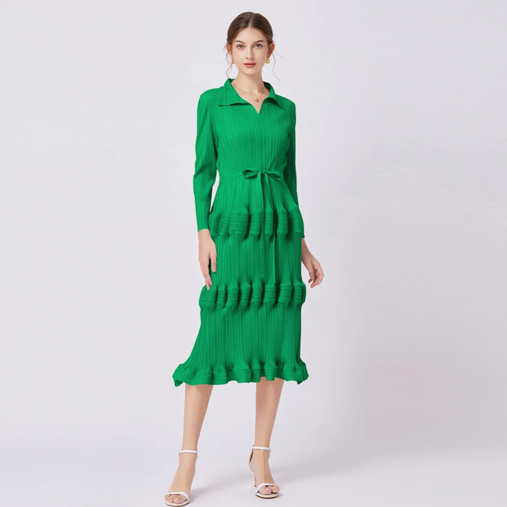 

Miyake Pleated Woman Dress Ruffled Hem Solid Elegant Long Sleeve With Sashes Midi Length Vintage 2023 Spring Autumn M6038