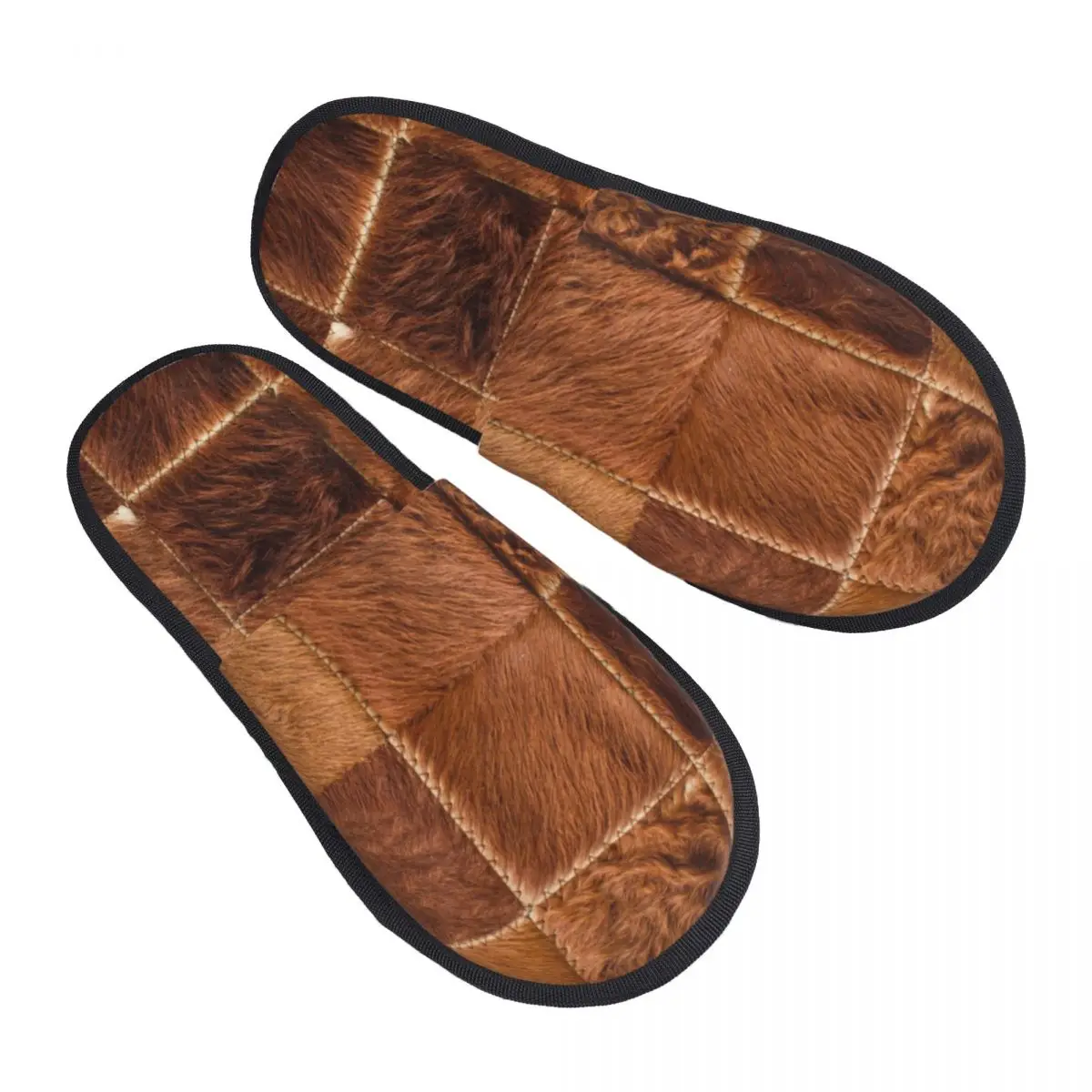 

Brown Checkered Cowhide Patche Print Soft Scuff With Memory Foam Slippers Women Animal Fur Leather Texture Hotel House Shoes