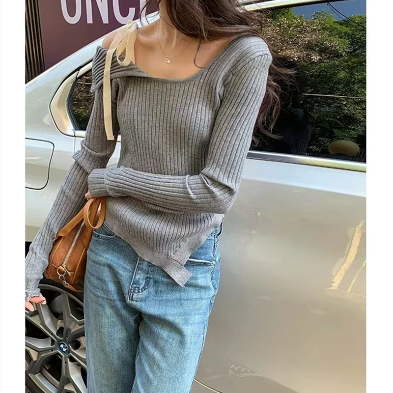 New Fall Fashion Off-Shoulder Split Side Slim-fit Asymmetrical Straps Girls Sweater Casual Bottom Knitwear Top