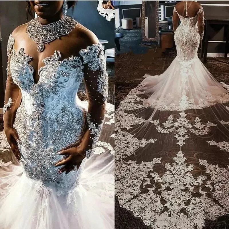 

Top Lace Mermaid Wedding Dresses Tulle Applique Beaded Crystals Long Sleeves Bridal Gowns With Detachable Train