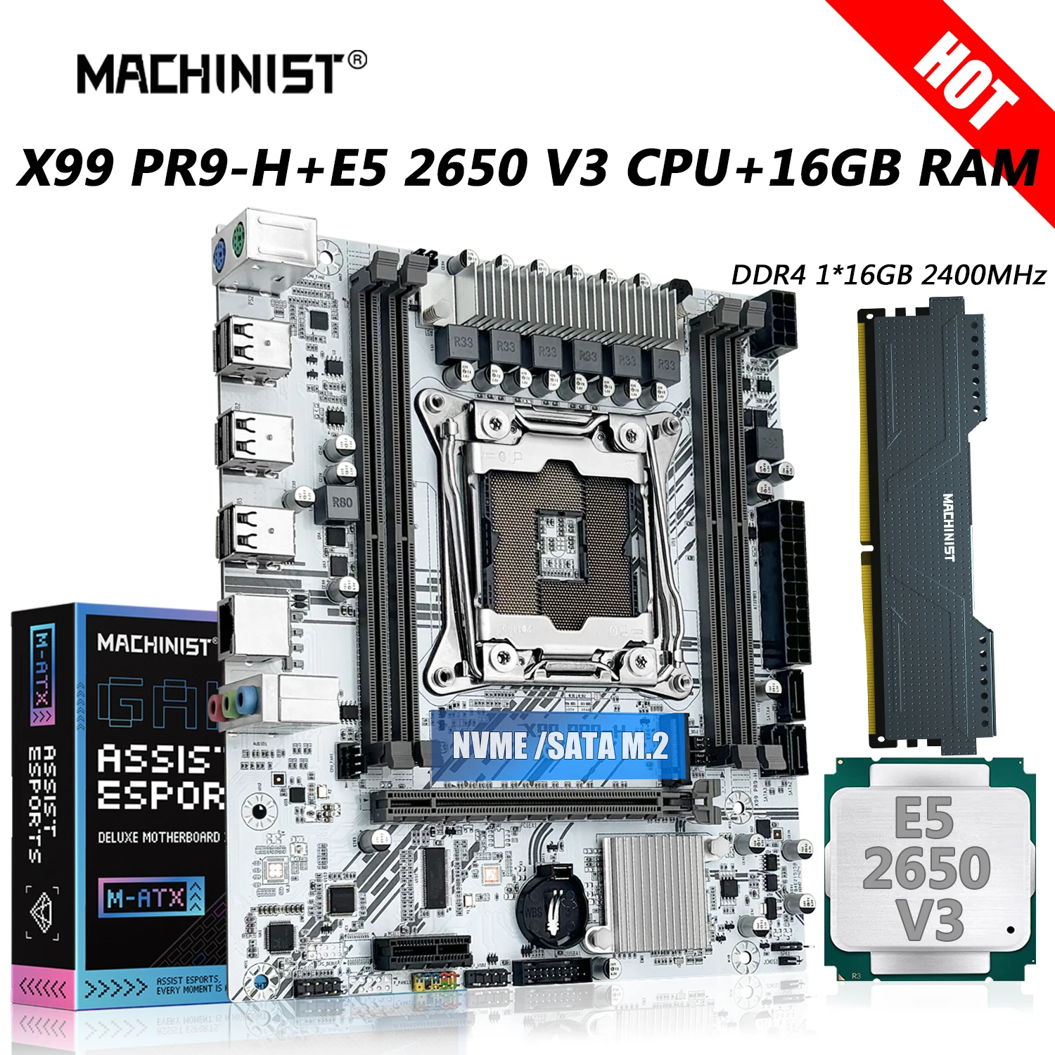 

MACHINIST X99 PR9-H материнская плата Combo LGA 2011-3 Xeon Kit E5 2650 V3 ЦП 1 шт. DDR4 16 Гб ОЗУ 2400 МГц комплект памяти SSD SATA/NVME M.2