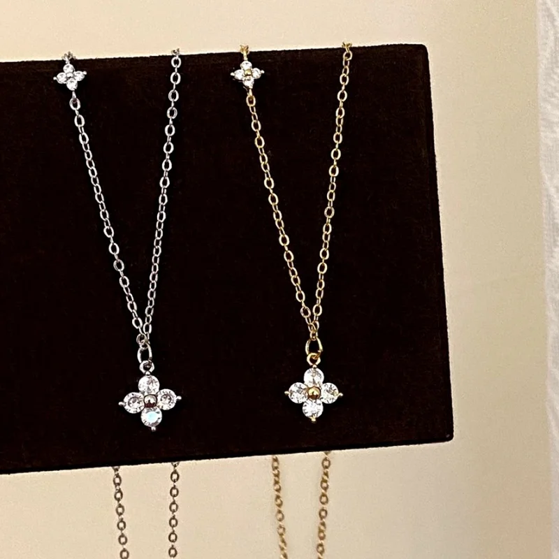 Elegant Four leaf Flower Cubic Zircon Necklace for Women Light Luxury Chain Neckalce Wedding Jewelry Gifts