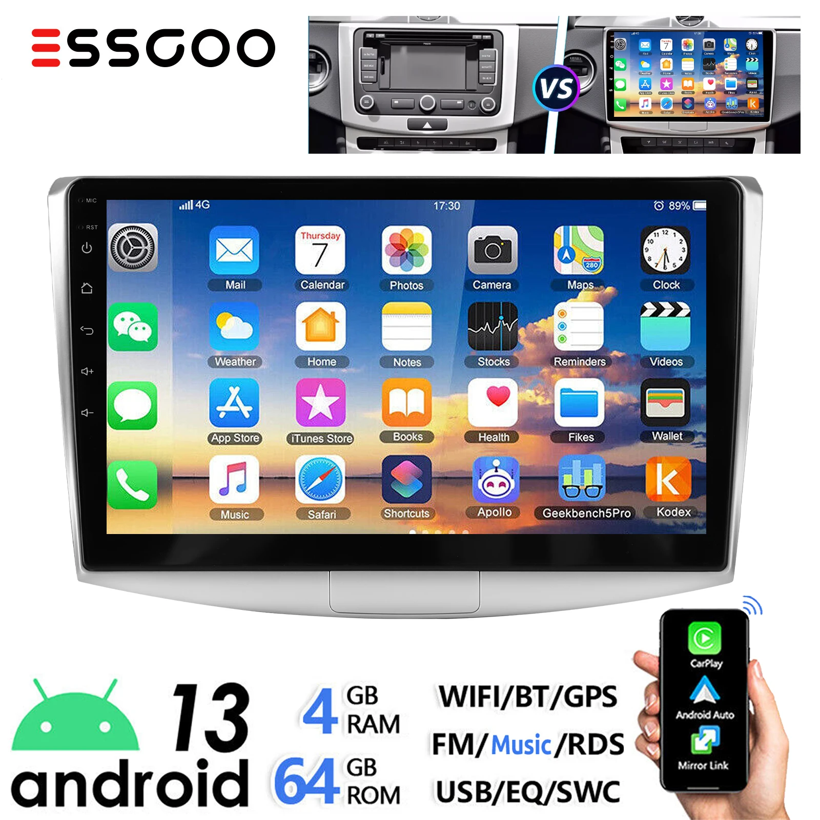 ESSGOO 10" Android 13 4+64G Autoradio Wireless Carplay Android Auto GPS Navi Bluetooth FM RDS WIFI Für VW Passat B6 B7 CC Magotan 2010-2015 Touchscreen Mirror Link