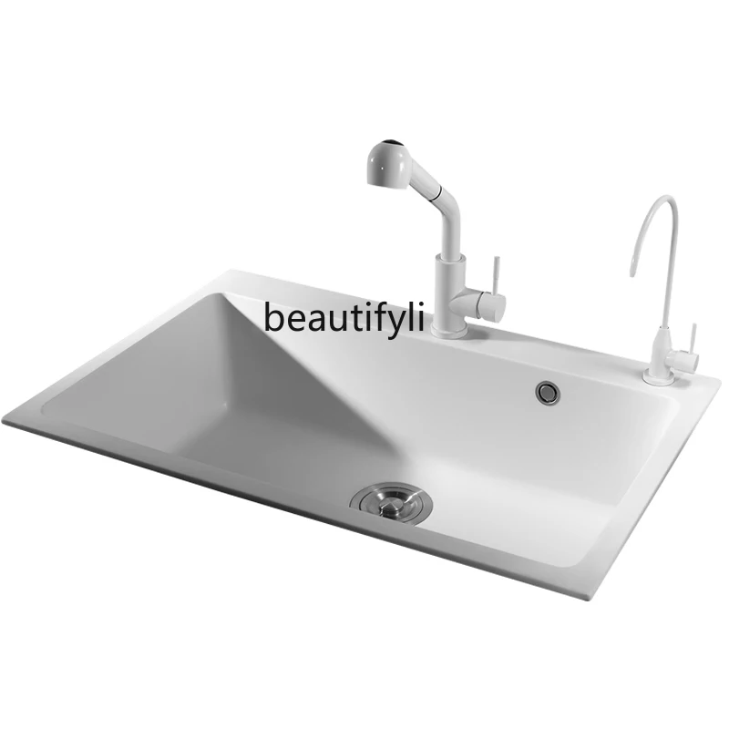 

Black Oatmeal Color White Quartz Sink Three-Hole Customization
