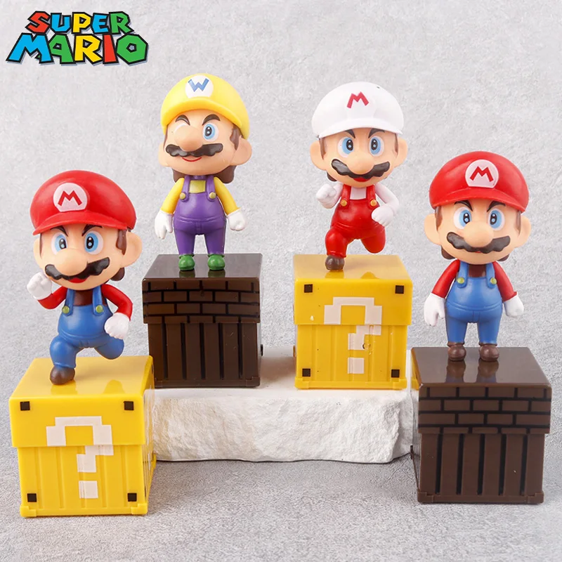 

4pcs/set Super Mario Anime Model Decoration Cartoon Game Figure Luigi Question Mark Box Toys Statue for Kids Birthday Gifts