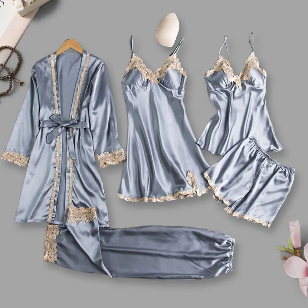 Silk-like Pajama Set Elegant Satin Lace Pajama Set Lace-up Waist 5-piece sleepwear sets pajama sets for Women Silky for Comfortable