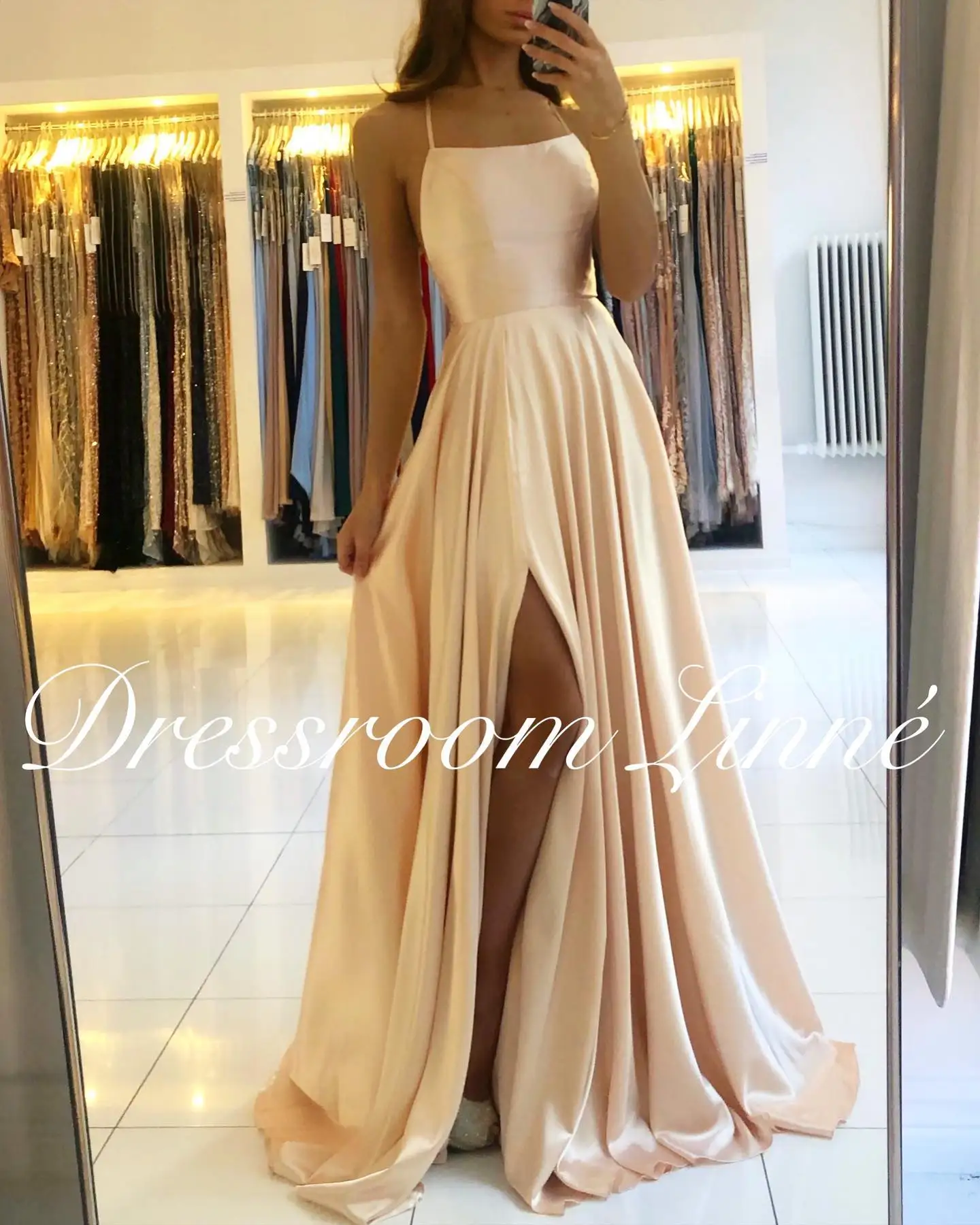Prom Dress Spandex Satin Slit Side A-LINE Scoop Stretch Slip Satin High Split Long Simple Evening Party for Women women prom dresses