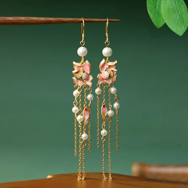 

Original Design 925 Silver Needle Chinese Style Flower like Brocade Tassel Pearl Earrings