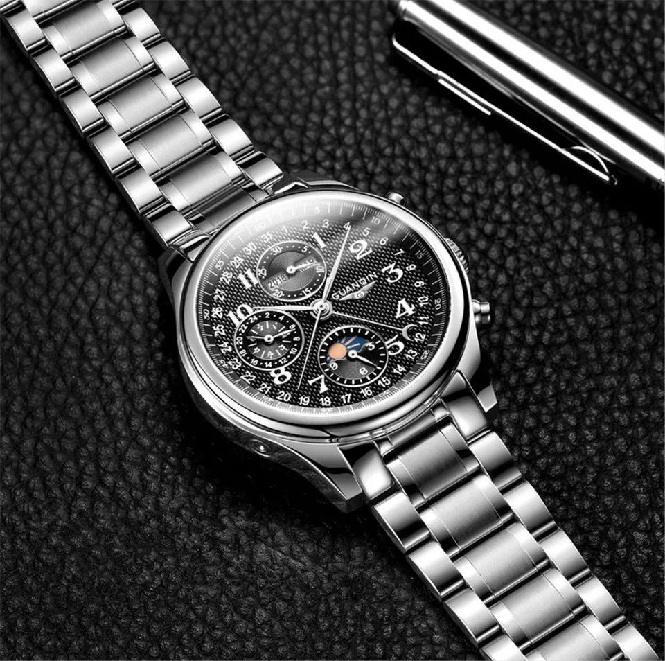 Guanqin Orologio da uomo vintage con quadrante multifunzione a carica automatica, orologio meccanico a carica automatica, orologio da lavoro a doppia faccia cavo impermeabile orologio da uomo luminoso