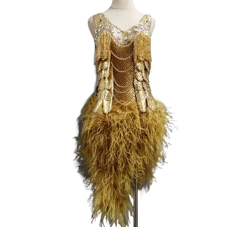 

Платье для латиноамериканских танцев, индивидуальная сценическая профессиональная одежда со сверкающими стразами и пушистым хвостом для взрослых