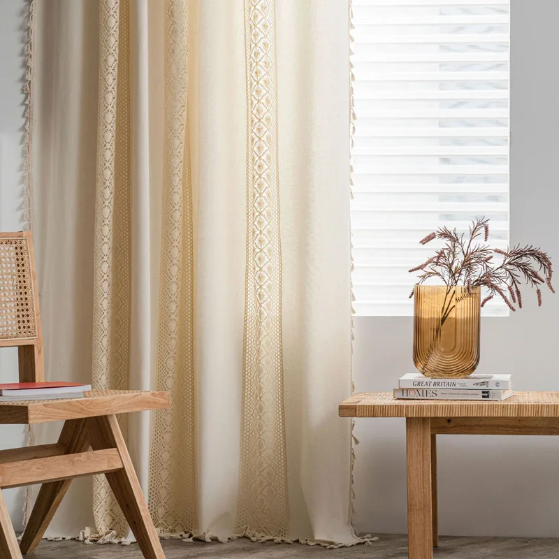 Description Picture 6 of itemBoho Semi-Blackout Crochet Curtains Dots Cotton Linen Tassels Cream Window Treatment Panels for Bedroom Living Room Decor TJ8475