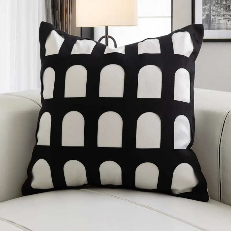 

Black White Suede Arch Hollow Pillow Cover Decorative Light Luxury Geometric Patchwork Pillow Cases Living Room Bedroom Pillows