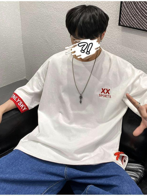 Half-sleeved T-shirt Men's 2022 New T-shirt Trend Slit Tie Rope Trend Letter Streetwear College Harajuku Student Shirt