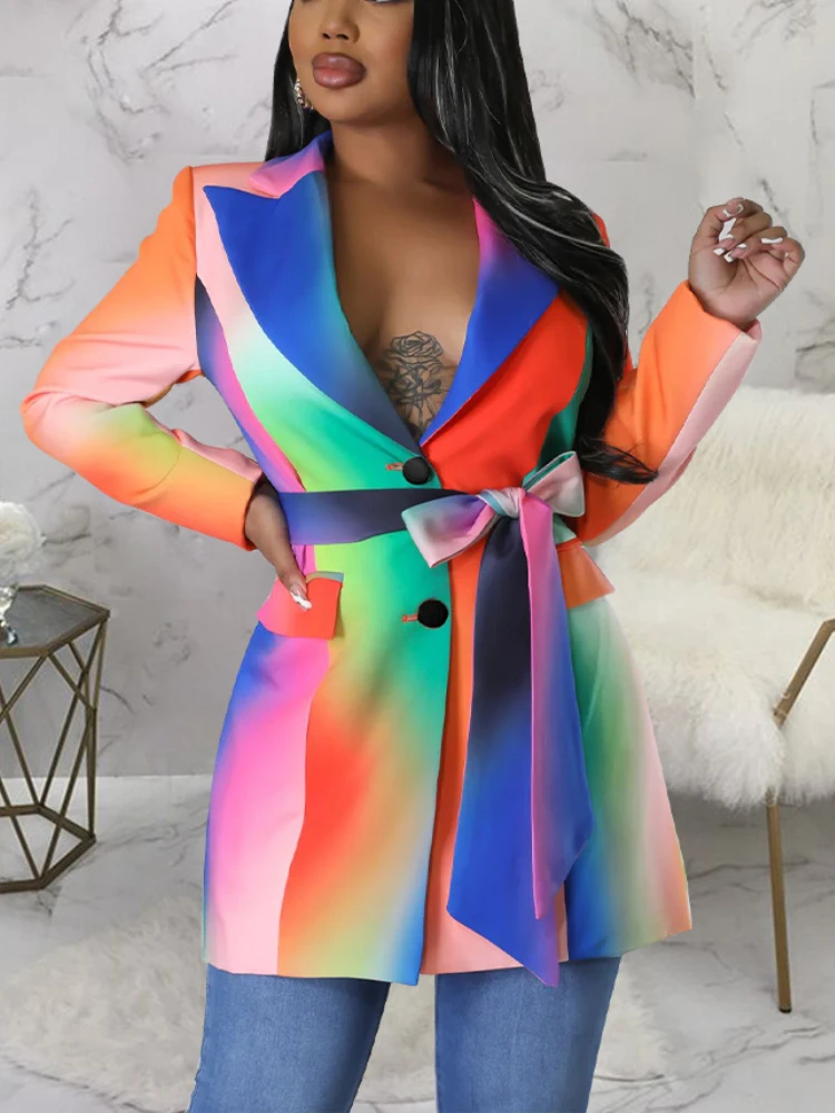 

Mini Rainbow Blazer Dress for Women Deep V Turndown Collar Long Sleeve Sashes Up with Buttons Sexy Elegant Summer New Fashion