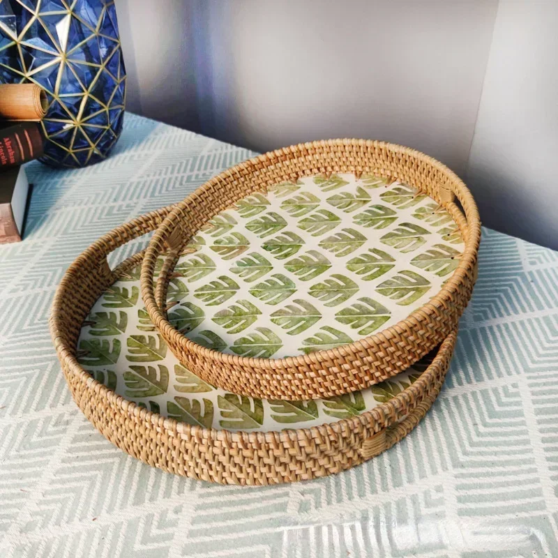 

Handmade Rattan Storage Tray, Light Luxury Style, Natural Shell, Round Plate, Home Living Room Organization, Creative Decoration