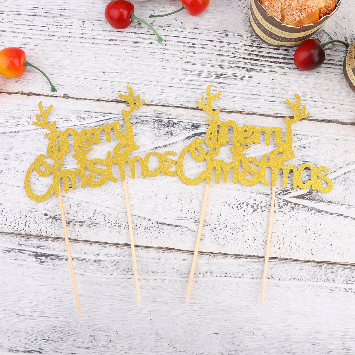 

20Pcs Christmas Antler Cupcake Topper Cake Insert Pick Dessert Toothpick for Christmas Birthday Party ( Golden )