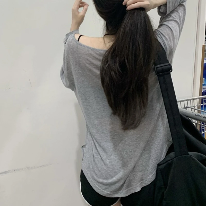 T 셔츠 여성 슬래시 넥 긴 소매 탑 솔리드 스트레치 여성 여름 섹시한 클럽 Tshirt 한국 느슨한 티셔츠 streetwear 의류