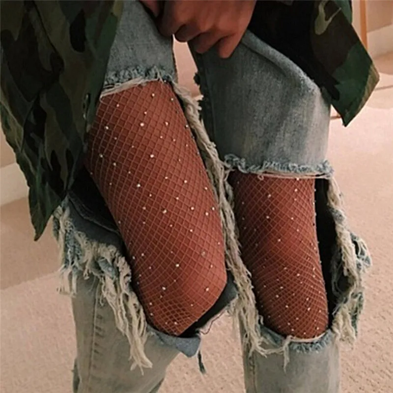 Women's Sexy Stockings Tights Rhinestone Mesh Fishnet Pantyhose Open Crotch High Stockings Party Club