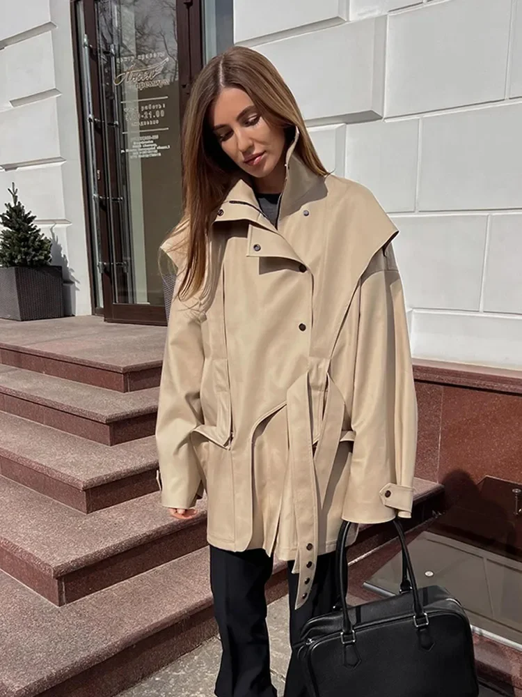 Femmes boutons taille cintrée coupe-vent mode solide col haut à manches longues simple boutonnage Trench manteau dame rue vêtements d'extérieur