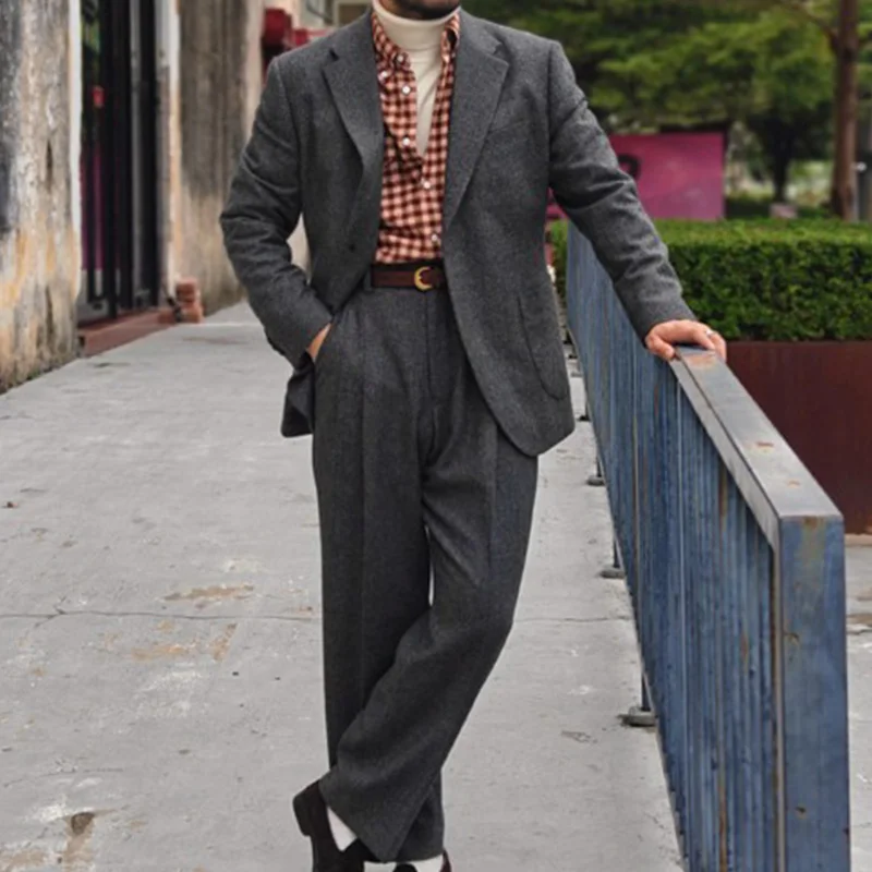 Herbst und Winter klassischer Peaky Blinders Tweed-Anzug Shelby Retro-Anzug mit Fischgrätenmuster und Hose, zweiteiliges Set für Herren – Detail 3