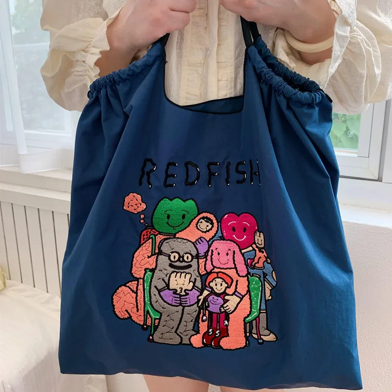 Cute Cartoon Tote Bags Overlarge Embroidery Shoulder Bag Nylon Eco