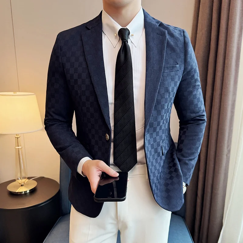 Spring Plaid Blazers Men Single Breasted Casual Business Suit Jacket Fashion Slim Social Banquet Wedding Groom Dress Coats