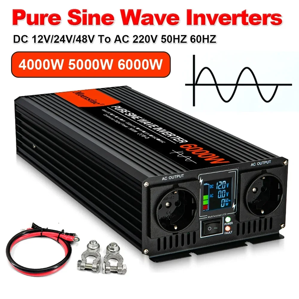 Moexsiac Pure Sine Wave อินเวอร์เตอร์ 4000W 5000W 6000W คู่ EU ซ็อกเก็ตรถอินเวอร์เตอร์ DC 12V 24V 48V To AC 220V ตัวแปลงแรงดันไฟฟ้า 1