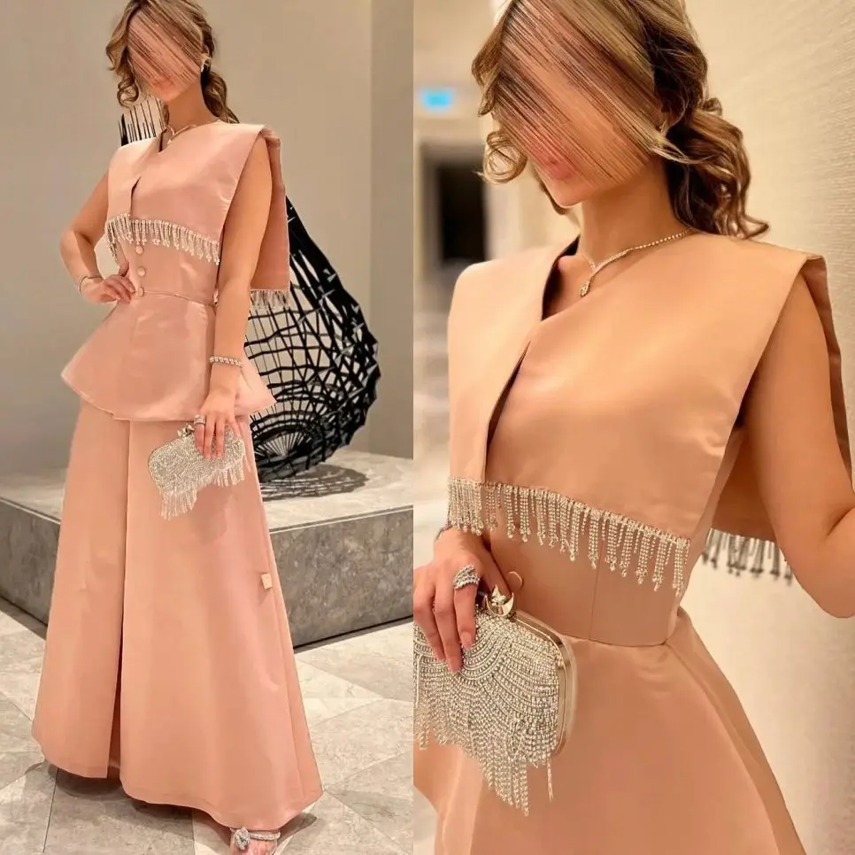 

Exquisite V-neck Evening Dresses Tassel Rhinestone Satin A-line Anke Length Formal Occasion Gown black girl prom dresses 2024