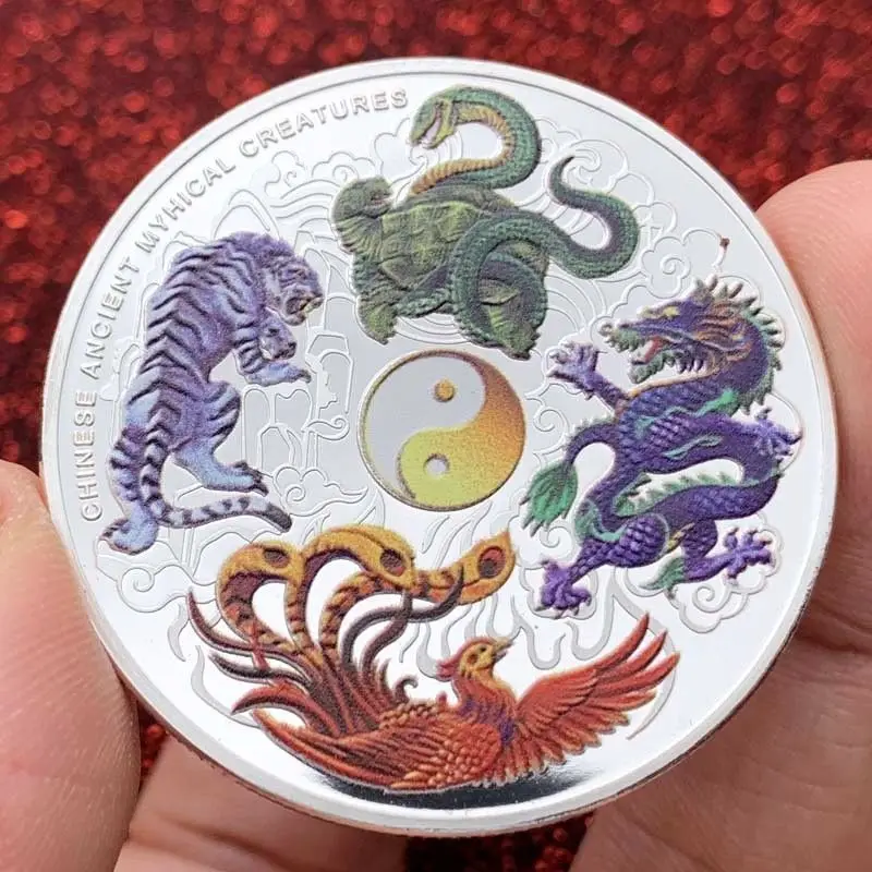 

Four Great Beasts Qinglong White Tiger Suzaku Silver-plated Painted Medals Collection Decorative Coins coin challenge coin