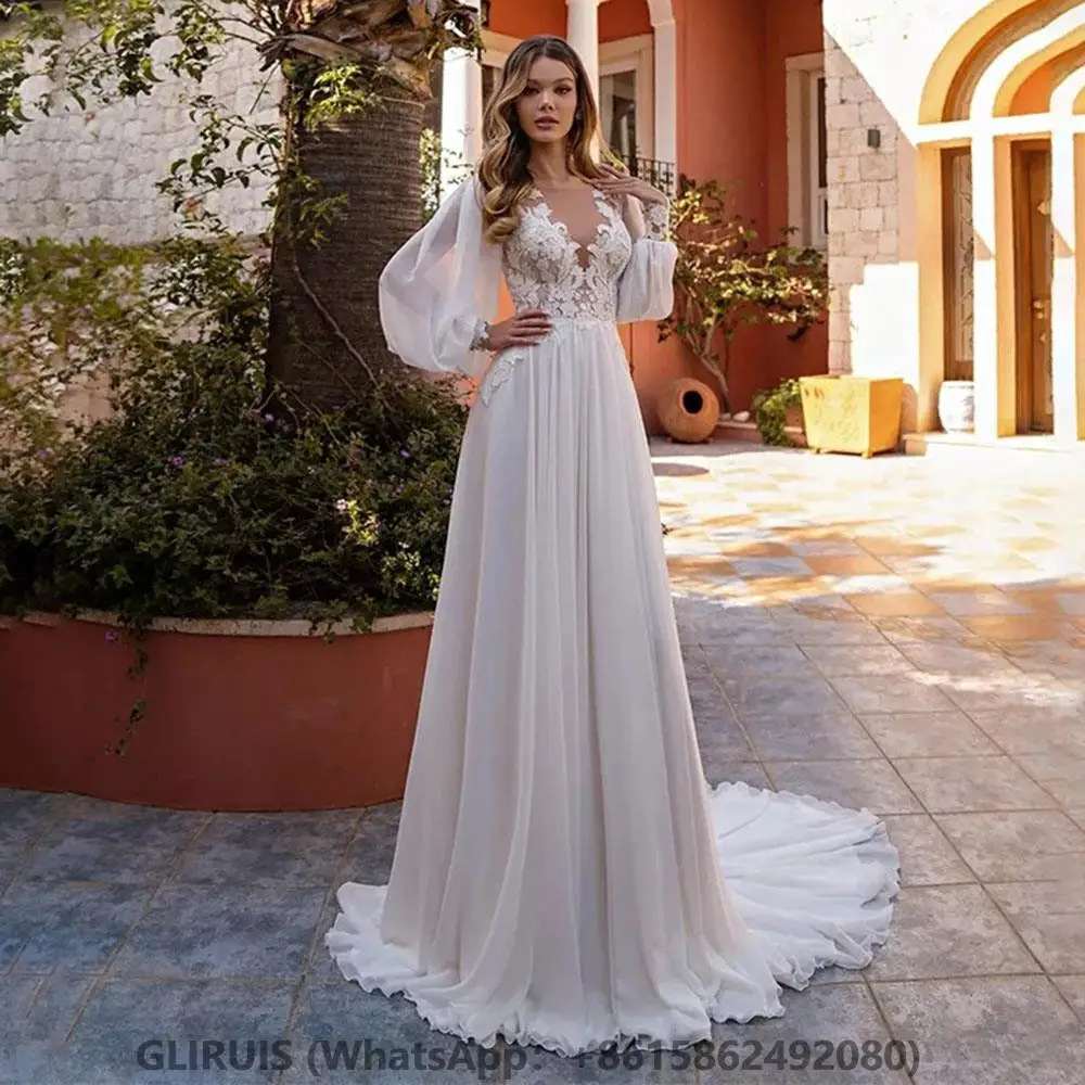 

Ivory A-Line V-Neck Chiffon Wedding Dress 2022 Elegant Appliques Bridal Gown Puff Sleeve Button Sweep Train Dress