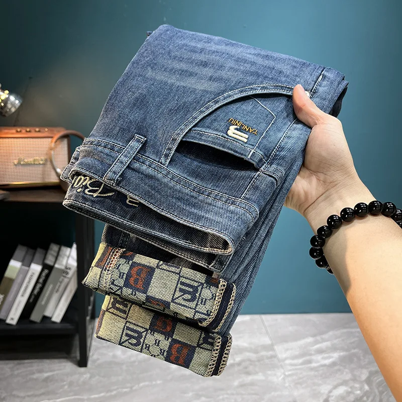 2024 Spring/Summer New trendy printed slim fit MEN'S jeans fashion versatile casual loose elastic straight fit cotton denim pant