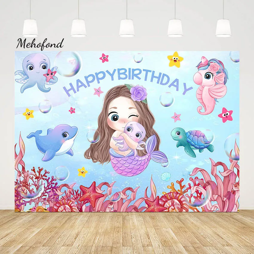 

Mehofond Mermaid Backdrop For Girls Birthday Party Decor Under The Sea Scale Shell Princess Photo Background Photography Props